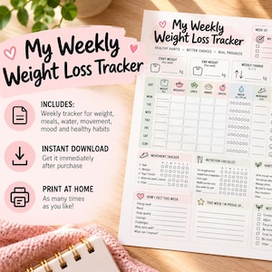 May include: A printed weekly weight loss tracker sheet featuring sections for daily weight, meals, water intake, movement, and mood. The document includes a nutrition checklist, habit tracker, and reflection prompts, all designed with a soft pink and white colour palette.