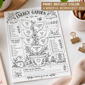 May include: A black and white printable worksheet titled Energy Garden featuring a central potted plant illustration with checkboxes for daily habits, feelings, and self-care activities, surrounded by floral motifs and text prompts for personal reflection.