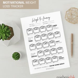 Afdrukbare tracker voor gewichtsverlies | Weigh In-dagboek voor dames en heren | Overzicht fitnessvoortgang | A4 | Pdf direct downloaden