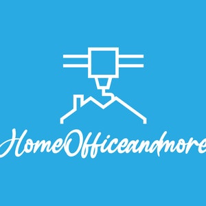 May include: White line art logo on a blue background. The logo depicts a house with a 3D printer on top. The text "HomeOfficeandmore" is written in a cursive font below the logo.