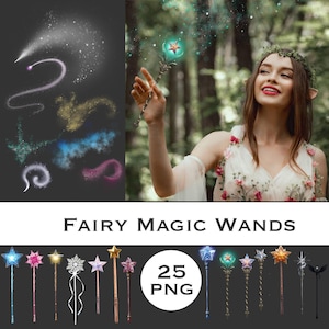 Può includere: Un'immagine con una collezione di bacchette magiche fatate con punte a forma di stella e vari disegni. L'immagine include anche una donna con orecchie da fata che tiene in mano una bacchetta e una selezione di effetti magici. Il testo "25 PNG" è visibile.