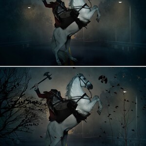 May include: A headless horseman riding a white horse, holding an axe, with a dark, foggy background and streetlights.