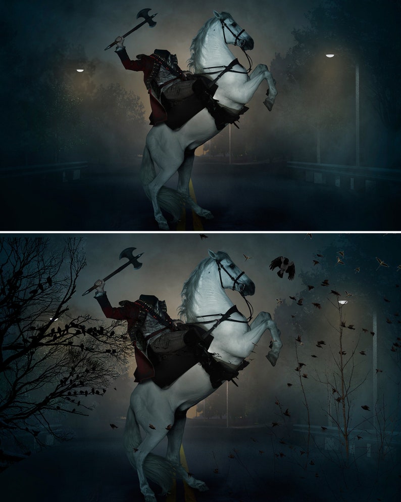 May include: A headless horseman riding a white horse, holding an axe, with a dark, foggy background and streetlights.