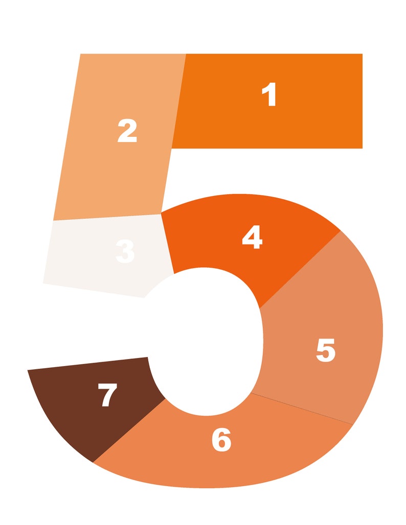 May include: A diagram of the number 5, divided into seven sections, each with a number from 1 to 7. The sections are in orange, brown, and white.