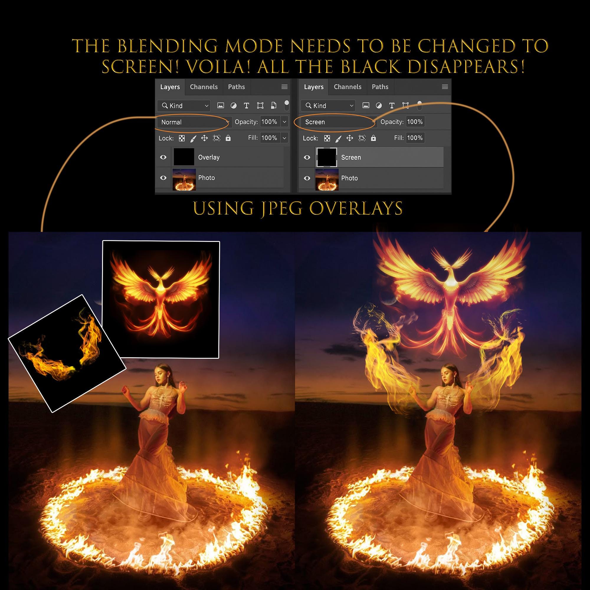 Realistic Fiery Phoenix, Fire Overlays, Flames, Sparks, and Fire