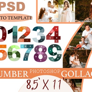 May include: A Photoshop template for creating a number collage. The template includes ten numbered frames, each with a different color scheme. The numbers are 0 through 9. The template is 8.5 inches by 11 inches.