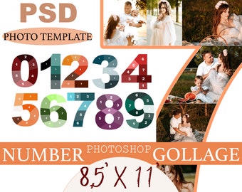 8.5x11 Photo Template Pack, Numbers Template Pack, Number photo collage, Photoshop Collage, Family photo collage, 0-9 PSD Collage Templates