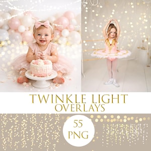 Puede incluir: Imagen compuesta que presenta a un bebé y una niña. El bebé lleva un vestido rosa con un pastel. La niña lleva un tutú rosa. La imagen también incluye el texto "TWINKLE LIGHT OVERLAYS" y "55 PNG".
