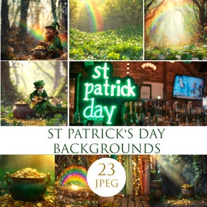 St Patricks Day Backdrop, St Patty's Day Digital Backgrounds for Composite Photography, Rainbow, leprechaun, clover