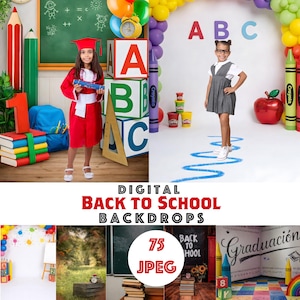 Pode incluir: Uma imagem composta com crianças em ambientes escolares, com adereços como lápis de cor grandes, blocos de alfabeto e um tema de formatura. O texto "DIGITAL BACK TO SCHOOL BACKDROPS" e "75 JPEG" são exibidos.