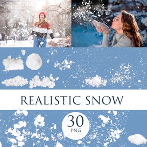 以下が含まれることがあります： 雪の中で遊んでいる人々の複合画像、さまざまな雪のテクスチャ、およびテキスト「REALISTIC SNOW」。画像には、数字「30」と文字「PNG」の円も含まれています。