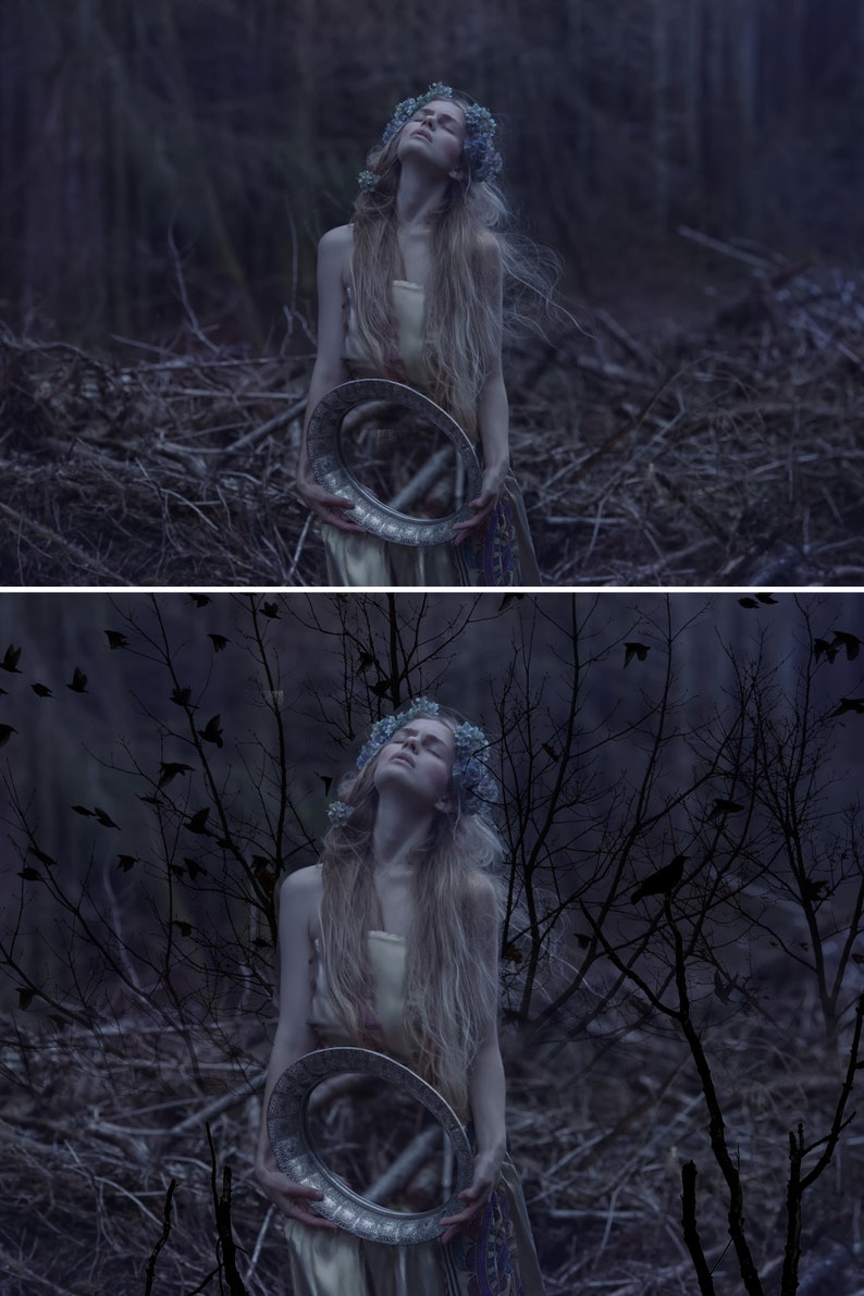 May include: A woman with long blonde hair wearing a white dress and a flower crown holds a silver circular mirror in a dark forest setting.