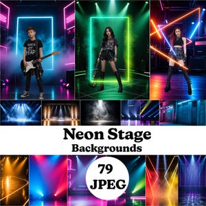 May include: A collection of 79 digital stage backgrounds featuring neon lighting effects, smoke, and various colored spotlights. The images display vibrant geometric light frames, stage floors, and atmospheric haze, labeled Neon Stage Backgrounds.