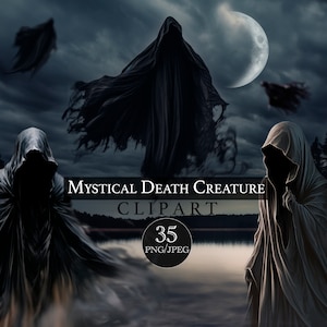 Puede incluir: Una ilustraci&oacute;n digital de 35 criaturas m&iacute;sticas de la muerte con t&uacute;nicas negras y grises. Las criaturas est&aacute;n de pie en un bosque oscuro y brumoso con un lago en el fondo. El texto "Mystical Death Creature Clipart" est&aacute; escrito en letras blancas sobre un fondo negro.