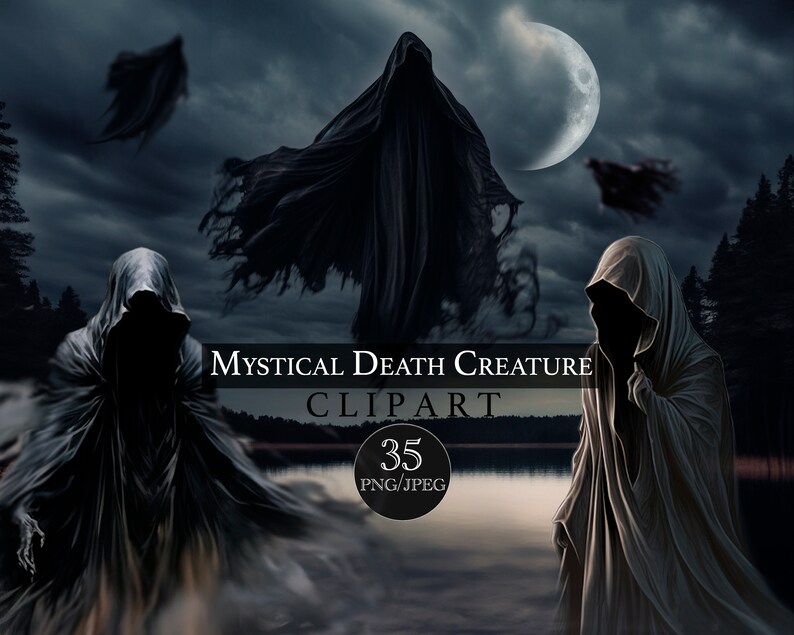 Puede incluir: Una ilustraci&oacute;n digital de 35 criaturas m&iacute;sticas de la muerte con t&uacute;nicas negras y grises. Las criaturas est&aacute;n de pie en un bosque oscuro y brumoso con un lago en el fondo. El texto "Mystical Death Creature Clipart" est&aacute; escrito en letras blancas sobre un fondo negro.