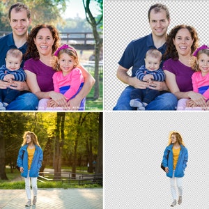 May include: A family of four poses for a portrait. The parents are sitting on a bench with their two children. The father is wearing a blue shirt and jeans. The mother is wearing a purple shirt and jeans. The older child is wearing a pink shirt and purple pants. The younger child is wearing a blue and white striped shirt and blue jeans.