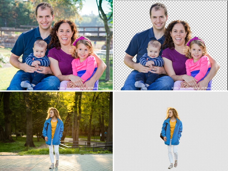 May include: A family of four poses for a portrait. The parents are sitting on a bench with their two children. The father is wearing a blue shirt and jeans. The mother is wearing a purple shirt and jeans. The older child is wearing a pink shirt and purple pants. The younger child is wearing a blue and white striped shirt and blue jeans.