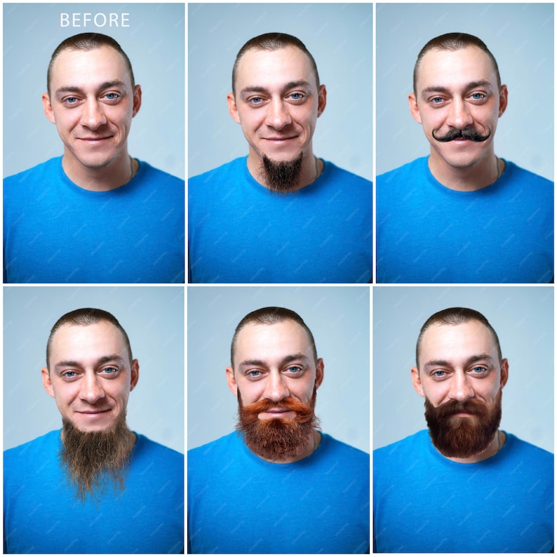 May include: A collage of six images showing a man with different facial hair styles. The man is wearing a blue t-shirt in each image. The styles include a clean-shaven face, a goatee, a moustache, a long beard, a short beard, and a goatee with a moustache.