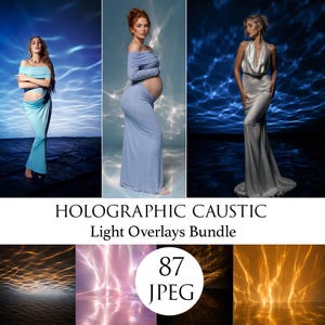Peut inclure: Un lot de produits numériques intitulé HOLOGRAPHIC CAUSTIC Light Overlays Bundle contenant 87 fichiers JPEG. La collection présente divers motifs de lumière abstraits avec des effets caustiques dans des tons dorés, blancs et roses.