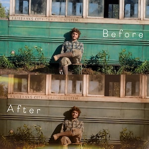 May include: Before and after photo of a man sitting on a stool in front of a green bus. The bus has the text "FAIRBANKS CITY TRANSIT SYSTEM" on the side. The man is wearing a plaid shirt and jeans. The photo on the left is in color, while the photo on the right is in black and white.