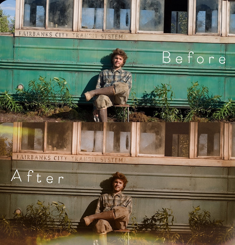 May include: Before and after photo of a man sitting on a stool in front of a green bus. The bus has the text "FAIRBANKS CITY TRANSIT SYSTEM" on the side. The man is wearing a plaid shirt and jeans. The photo on the left is in color, while the photo on the right is in black and white.