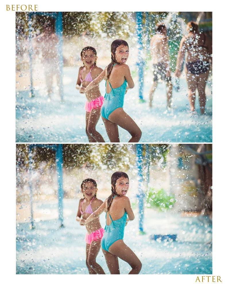 May include: Two girls in swimsuits are playing in a water park with water spraying around them. The girl in the front is sticking her tongue out and smiling.
