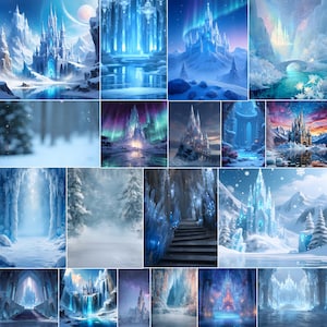 Op de afbeelding: Een verzameling digitale kunstprints met fantasiekastelen en winterlandschappen. De afbeeldingen tonen ijzige blauwe en witte kleurenpaletten, met kastelen, bevroren watervallen en besneeuwde bossen. De kunst roept een gevoel van magie en verwondering op.
