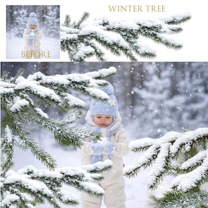 May include: A baby in a white snowsuit, blue hat, scarf, and mittens stands in a snowy forest. The child is surrounded by snow-covered evergreen branches. The text "WINTER TREE" is at the top of the image.