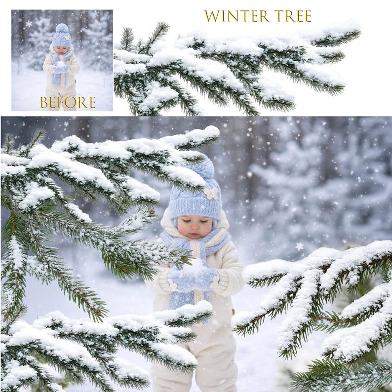 May include: A baby in a white snowsuit, blue hat, scarf, and mittens stands in a snowy forest. The child is surrounded by snow-covered evergreen branches. The text "WINTER TREE" is at the top of the image.
