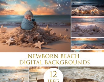 Fondo digital de playa para recién nacidos: accesorio para retrato de bebé en el océano y mar, composición fotográfica