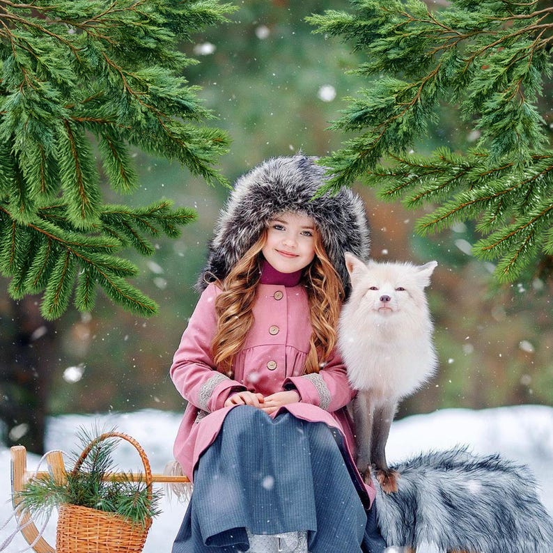 May include: A young person wearing a pink coat with a fur-lined hood sits on a sled with a white fox. The sled has a basket with greenery. The background is a snowy forest with evergreen branches.