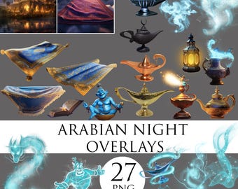 Arabian Nights Overlays: Flying Carpet, Genie Lamp, Princess Backdrop (PNG, JPEG Digital Download)