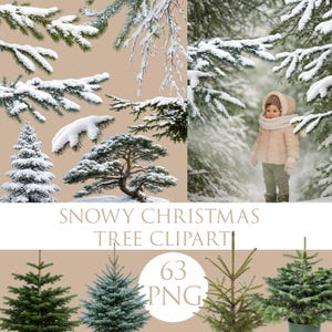 May include: A collection of snowy Christmas tree clipart images. The image includes various evergreen branches covered in snow, a small evergreen tree, and a bonsai tree. The text "SNOWY CHRISTMAS TREE CLIPART" is displayed.