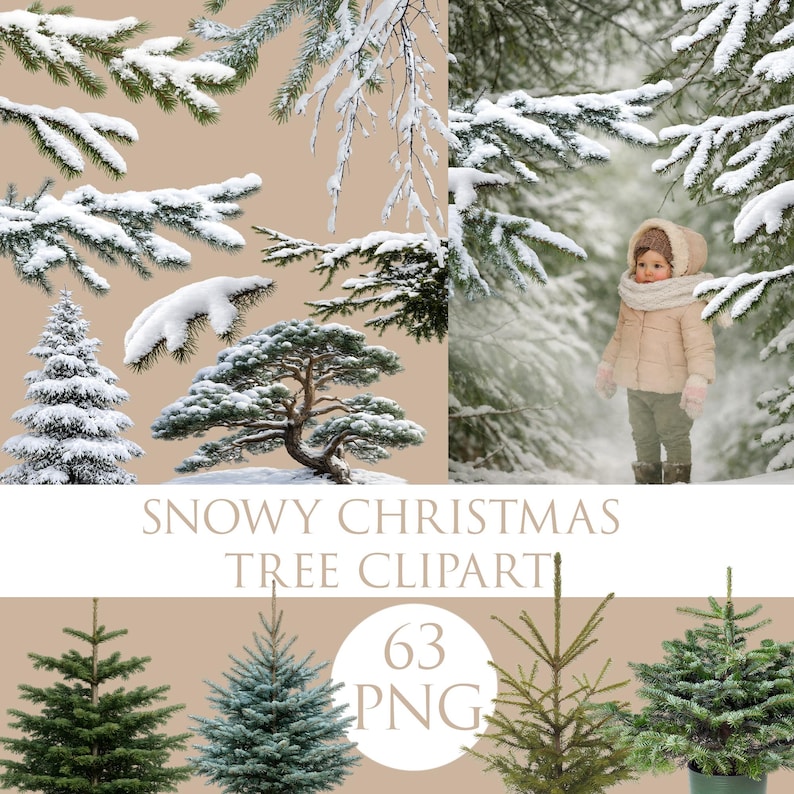 May include: A collection of snowy Christmas tree clipart images. The image includes various evergreen branches covered in snow, a small evergreen tree, and a bonsai tree. The text "SNOWY CHRISTMAS TREE CLIPART" is displayed.