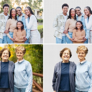 May include: Two families, one with two parents and a child, and the other with two older women, pose for a photo. The first family is standing in front of a green hedge, while the second family is standing in front of a wooded area with fallen leaves.