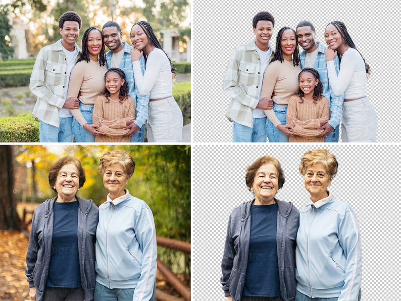May include: Two families, one with two parents and a child, and the other with two older women, pose for a photo. The first family is standing in front of a green hedge, while the second family is standing in front of a wooded area with fallen leaves.