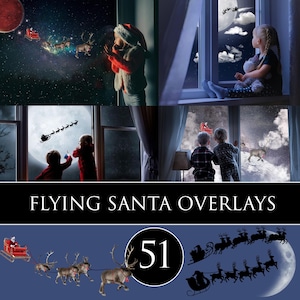 Flying Santa Photo Overlays: Christmas Moon, Reindeer, PNG Clipart (Digital Download)