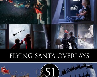 Flying Santa overlays, santa photo overlays, santa clipart, santa overlay, moon overlay, christmas sky photo overlays, Santa reindeer png