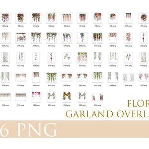 May include: 56 digital floral garland overlays in PNG format. The overlays feature various styles of floral garlands with different colors and arrangements. The garlands are perfect for adding a touch of whimsy and elegance to digital designs.