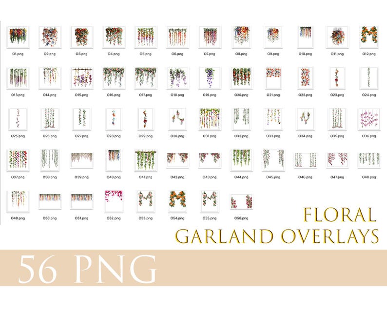 May include: 56 digital floral garland overlays in PNG format. The overlays feature various styles of floral garlands with different colors and arrangements. The garlands are perfect for adding a touch of whimsy and elegance to digital designs.