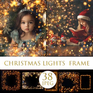 May include: A composite image featuring two children and Christmas lights. One child wears a tiara and holds a toy soldier. The other child reads a book while wearing a Santa hat. The text "CHRISTMAS LIGHTS FRAME" is displayed.