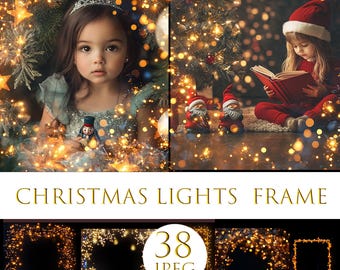 Festive Christmas Lights Photo Frame with Twinkle and Sparkle Overlays, Digital overlay