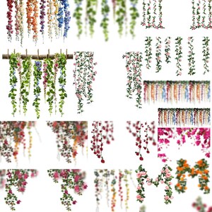 May include: Assortment of artificial flower garlands with various colors and styles, including pink, white, blue, and green. The garlands are made of plastic flowers and leaves and are perfect for decorating weddings, parties, or home decor.