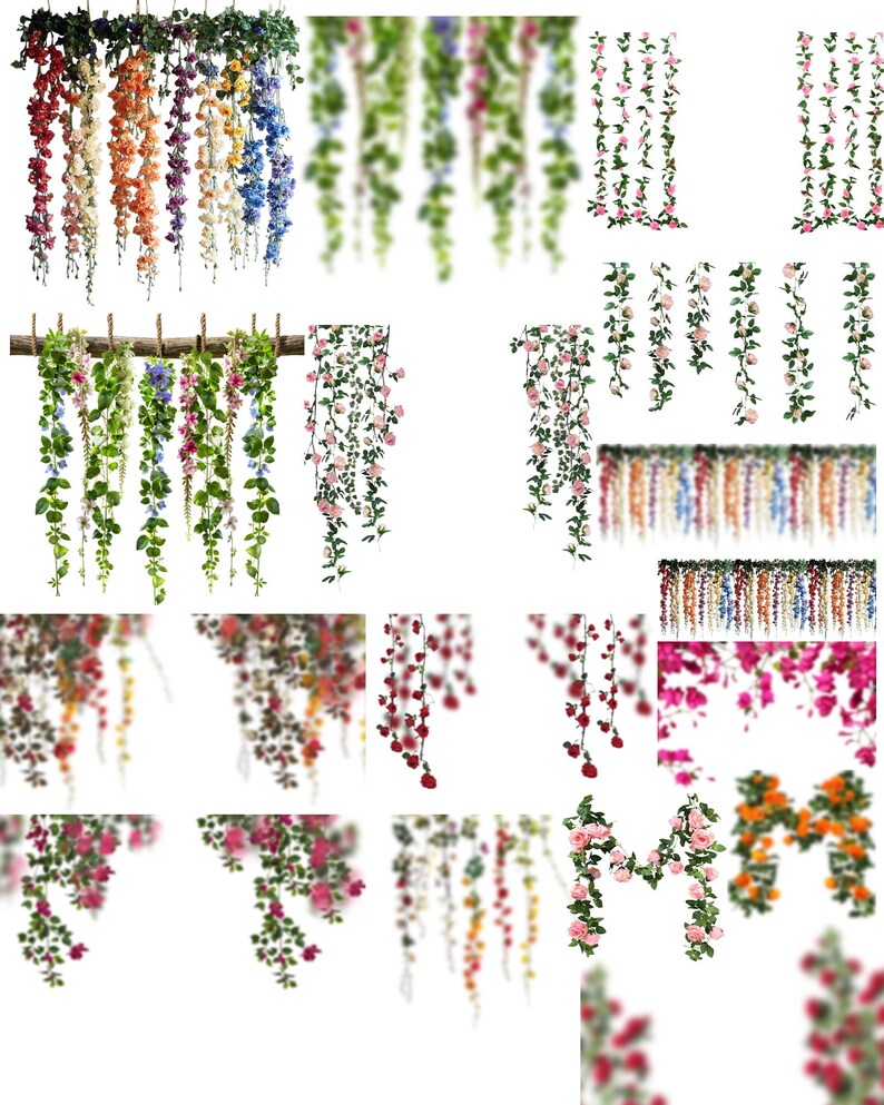 May include: Assortment of artificial flower garlands with various colors and styles, including pink, white, blue, and green. The garlands are made of plastic flowers and leaves and are perfect for decorating weddings, parties, or home decor.