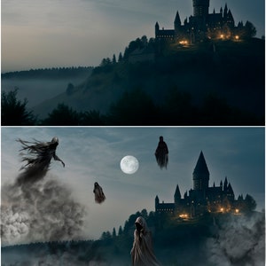Puede incluir: Un castillo oscuro y misterioso se alza en la cima de una colina, envuelto en niebla. El castillo est&aacute; iluminado por ventanas y tiene una alta torre puntiaguda. Hay tres figuras fantasmales flotando en el cielo, una de las cuales es una mujer con el pelo largo y suelto.