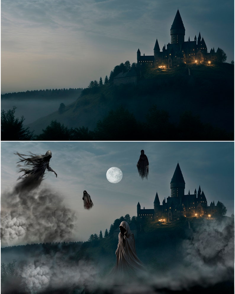 Puede incluir: Un castillo oscuro y misterioso se alza en la cima de una colina, envuelto en niebla. El castillo est&aacute; iluminado por ventanas y tiene una alta torre puntiaguda. Hay tres figuras fantasmales flotando en el cielo, una de las cuales es una mujer con el pelo largo y suelto.