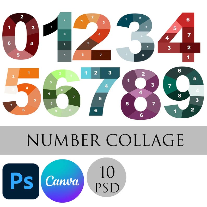 Number Photo Collage Template | Birthday Number Collage | Editable Family Photo Template | Printable Digital Download | Canva and Photoshop image 1