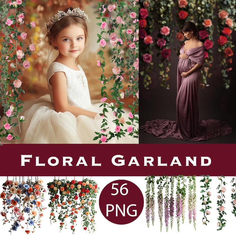 Floral Garland Photo Overlays: Hanging flowers PNG, floral arch digital overlay, Falling Flower clipart image 1