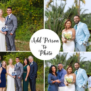 Puede incluir: Un collage de cuatro fotos de boda con una pareja y sus familias. La primera foto muestra a la novia y el novio de pie en un área boscosa. La segunda foto muestra a la novia y el novio de pie en un jardín tropical. La tercera foto muestra a la novia y el novio con sus familias de pie en un área boscosa. La cuarta foto muestra a la novia y el novio con sus familias de pie en un jardín tropical.