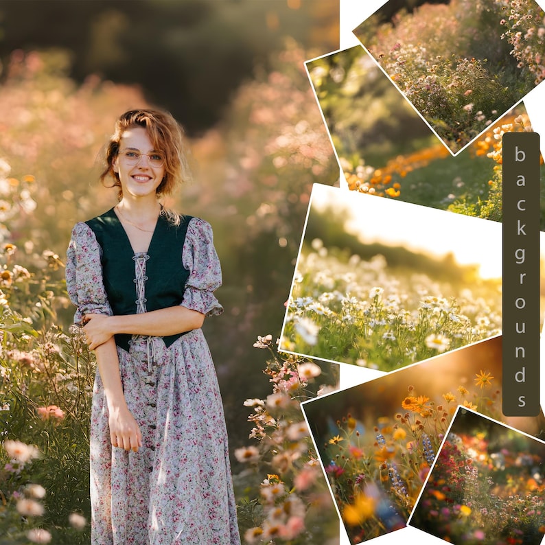 Puede incluir: Una mujer con un vestido floral y un chaleco verde se encuentra en un campo de flores silvestres. El fondo es un collage de diferentes campos de flores.